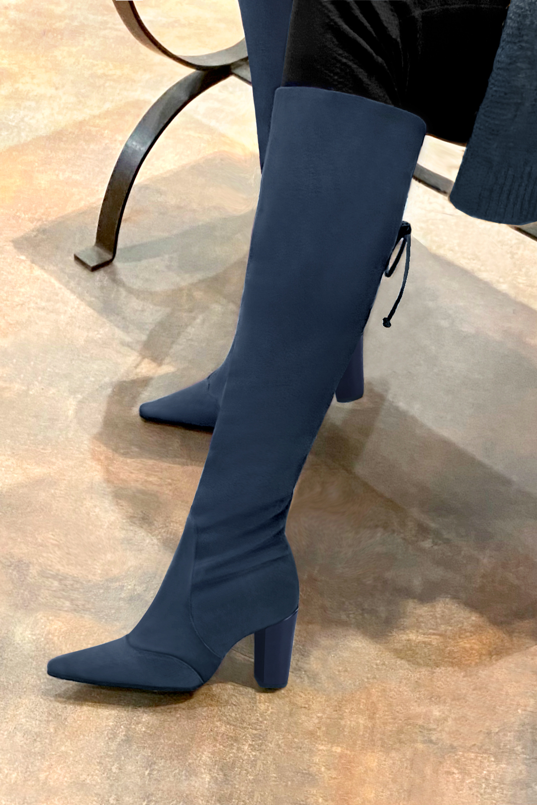 Denim blue women's knee-high boots, with laces at the back. Tapered toe. Very high block heels. Made to measure. Worn view - Florence KOOIJMAN